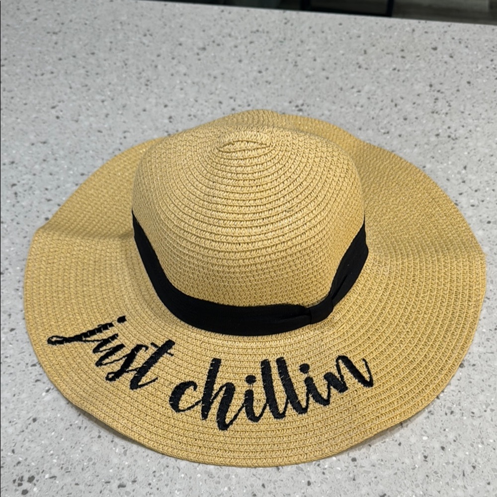 Tan Sun Hat with Black Band and Embroidery